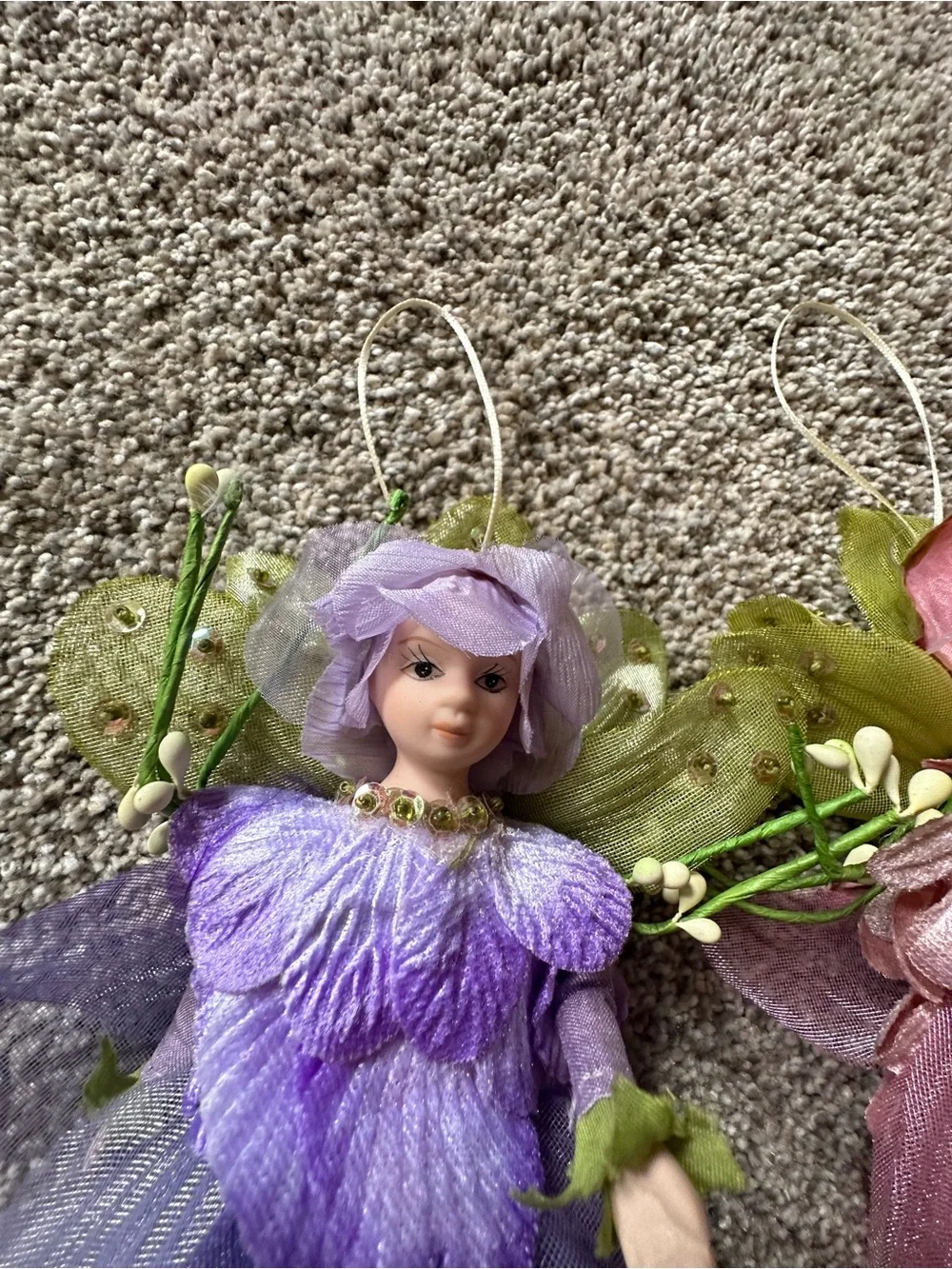 Vintage Purple and Pink Flower Fairy Ornaments - Pair